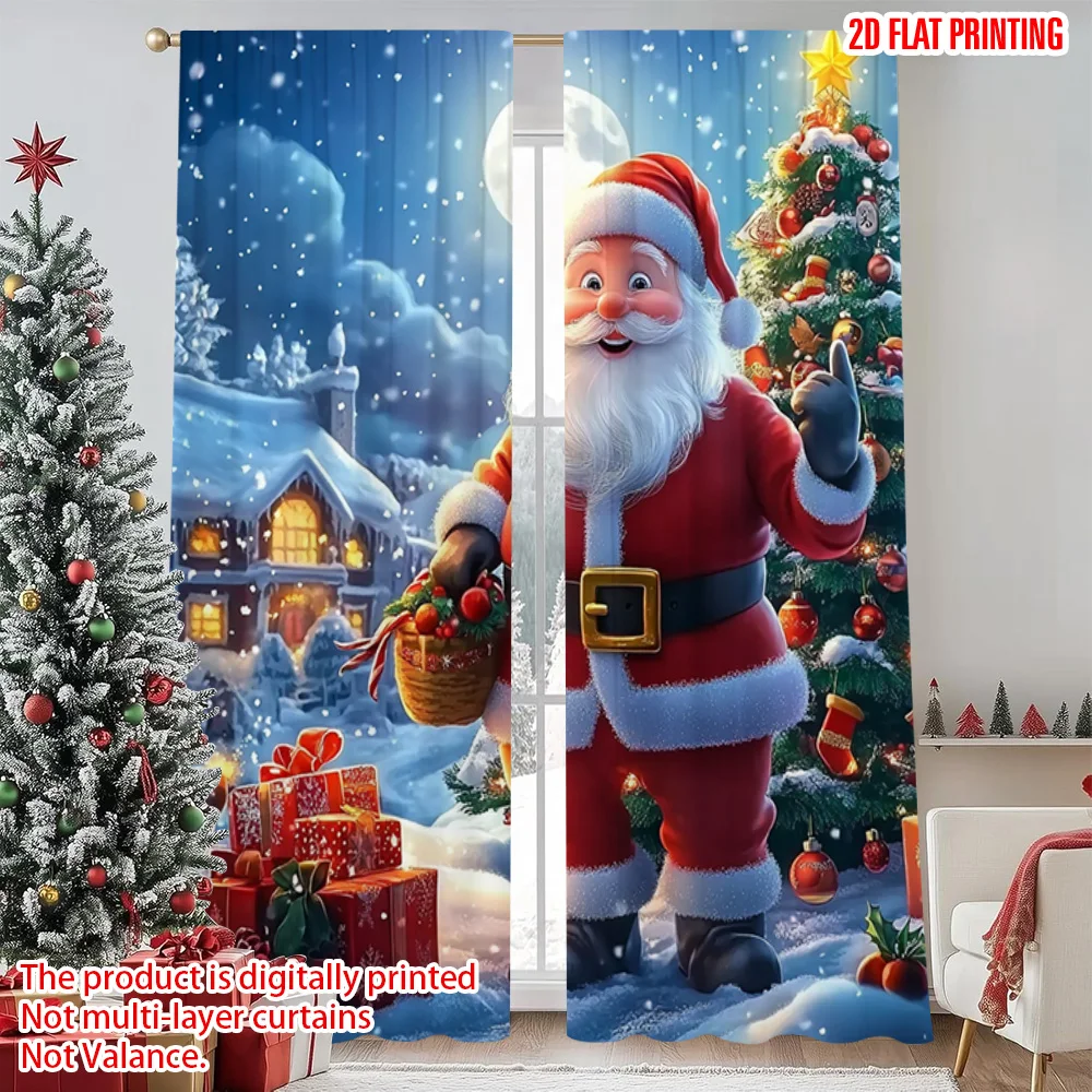 

2pcs 2D flat printing Merry Christmas Popular Window Curtains Santa Claus with the reindeer and Santa Polyester Without