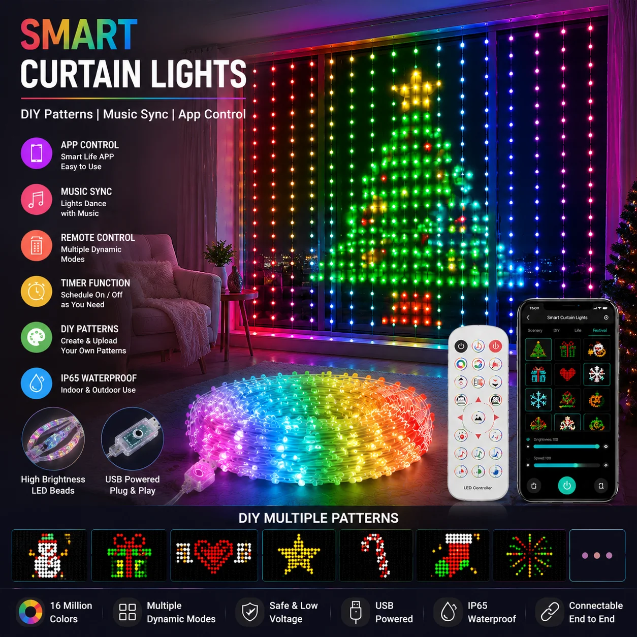 LED Smart Curtain Lights, RGB String Lights with Dynamic DIY Patterns Music Sync App Remote Control for Holiday Party Decor