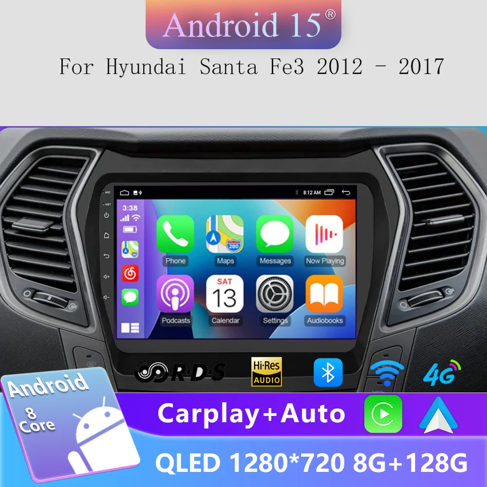 Android 15 Carplay Car Radio For Hyundai Santa Fe 3 Grand IX45 2012 - 2017 Navigation GPS Multimedia Player WiFi+4G Stereo video