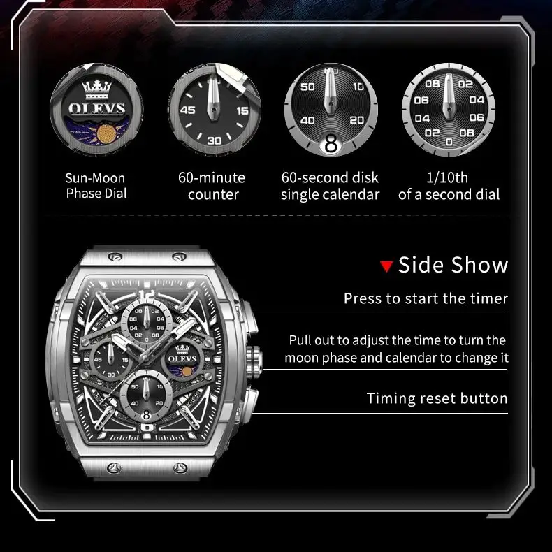 ساعة OLEVS 2975 للرجال Tonneau ساعة كبيرة الحجم مقاومة للماء بحزام سيليكون فاخر Moonphase كرونوغراف ساعة كوارتز رياضية للرجال