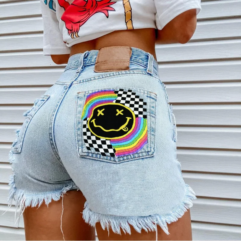 Women's Summer Denim Shorts 'Smiling Face' Street Style Tassel Detail Versatile Jeans for Casual Wear