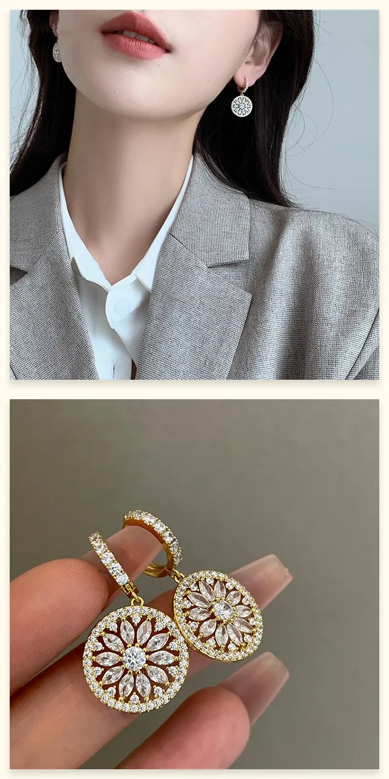 2026 Luxuriöse, glänzende, mikrobesetzte Zirkon-Ohrringe mit 18K Goldplattierung, runde Anhänger für Damen, Vintage-Schmuckzubehör für Hochzeiten und Partys – Detail 7