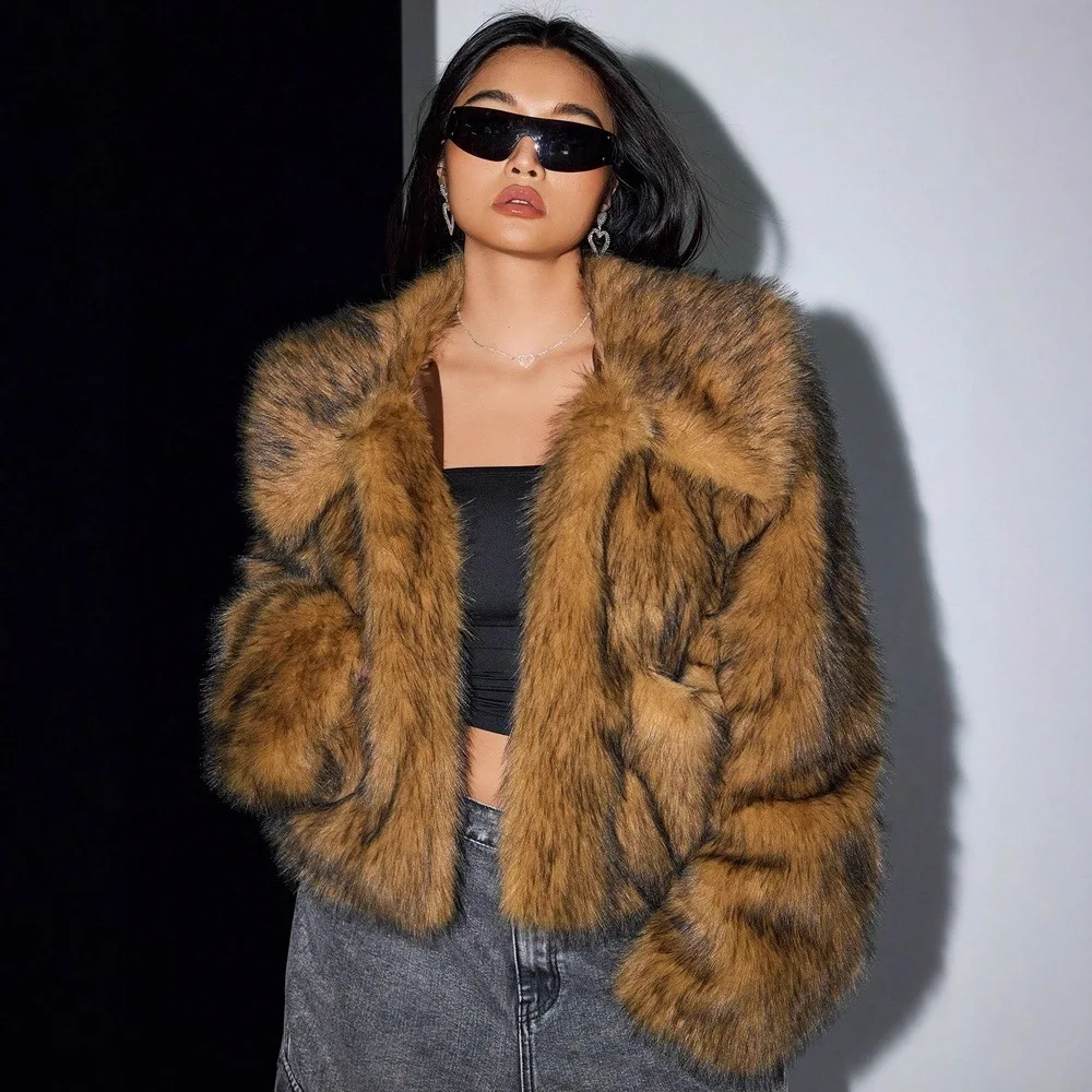 Gradient Winter Women Mink Fur Jacket Short Solid Turn Down Collar Lady Eco Fur Coat Long Sleeve Open Stitch Thick Furry Outwear