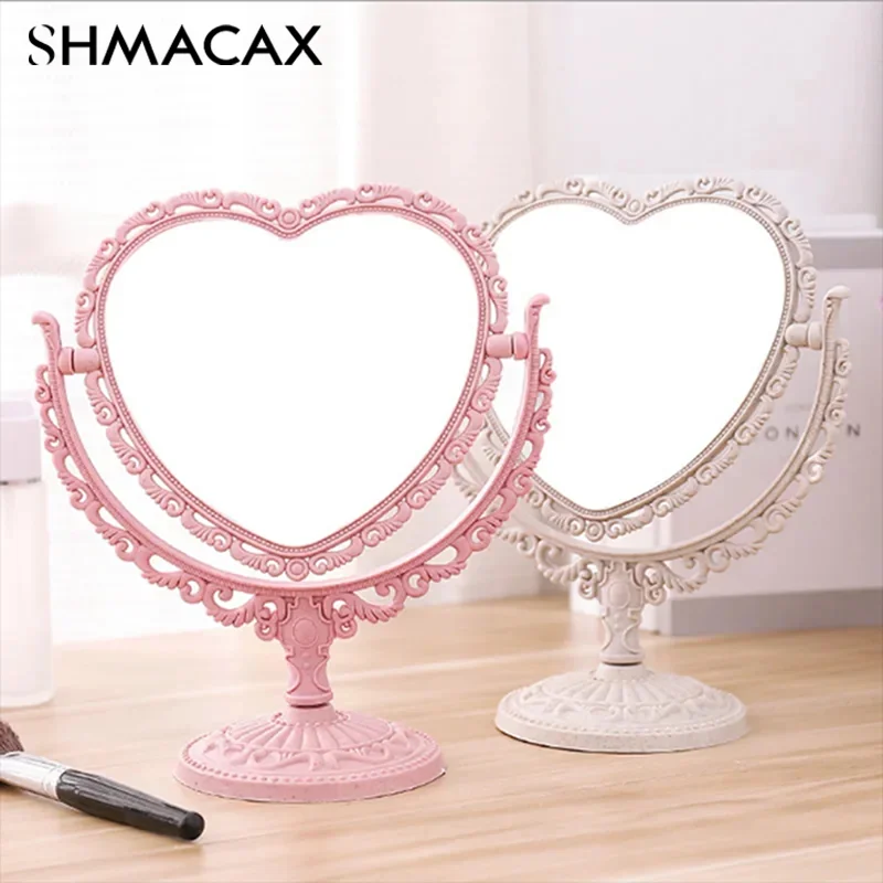 Desktop Makeup Mirror Heart Shape Makeup Vanity Portable Double-side Vanity Mirror Hand Mirror Cosmetic Compact Mirror For Women