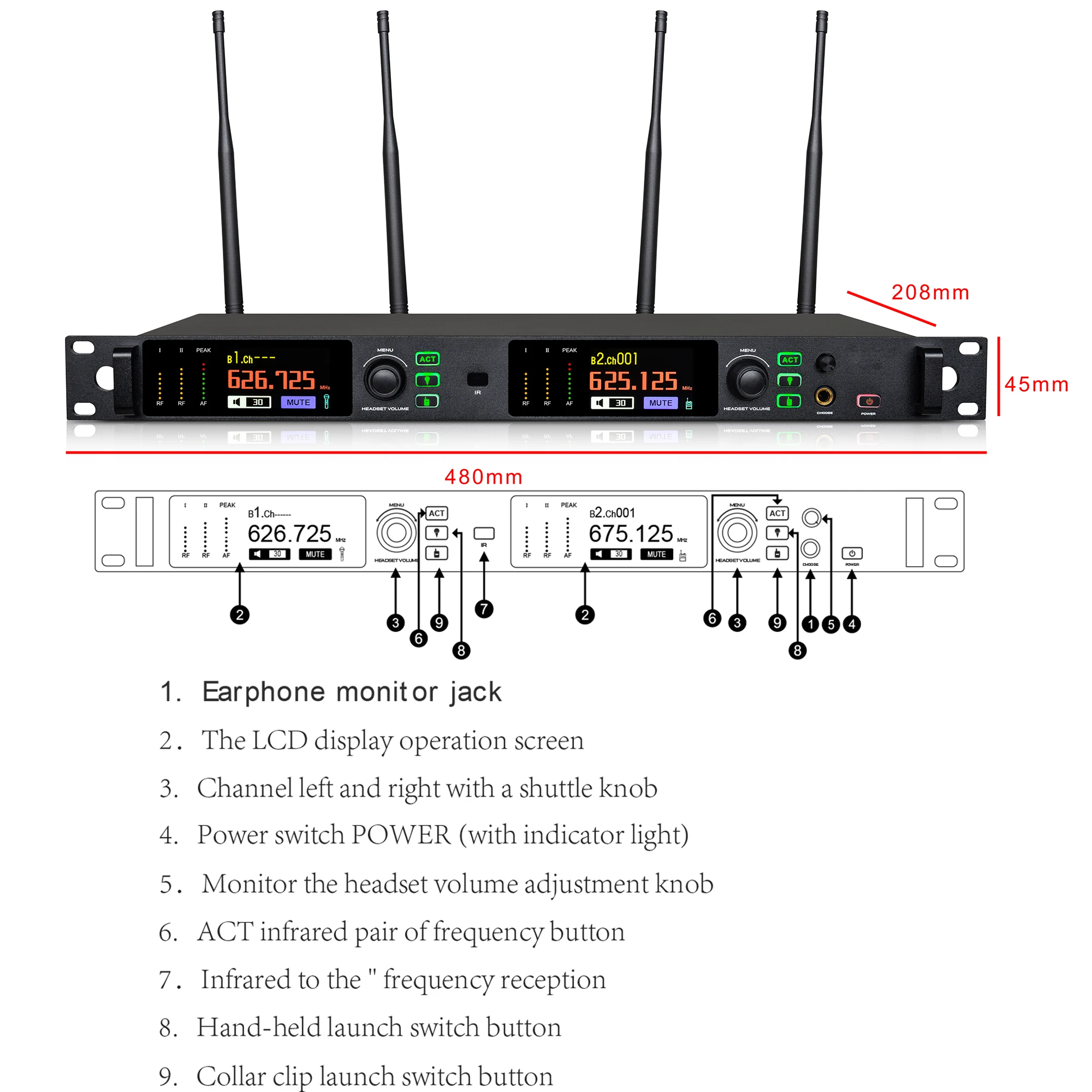 Leicozic 500/600Mhz True Diversity Microphone Wireless Professional Stage Microfone 30mW Spectrum Equalizer Built Type-C ADS-X2