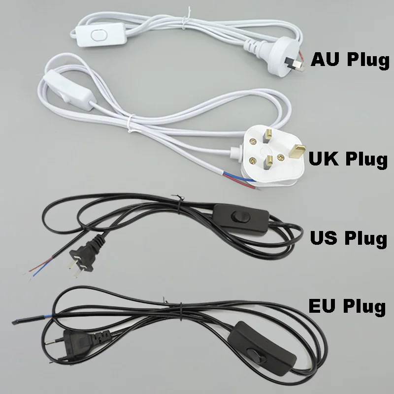 5PCS UK AU EU US 2pin AC Power extension repair Cord 220v electric 1.8m on-off Switch Plug Wire Cable Type Adapter White For LED