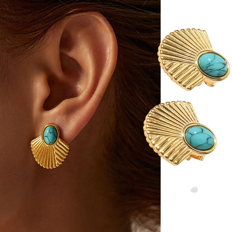 Retro Stud Earring For Women Stainless Steel Turquoise Fanshaped Earrings Circle Bohemian Design Wedding Party Pendants