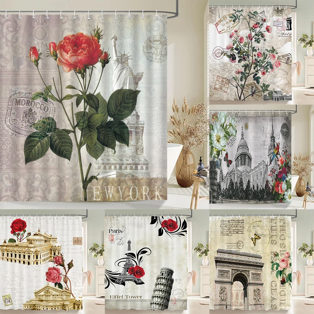

1 pack European retro architecture flower style shower curtain partition bathroom curtain with hooks home decorative curtain