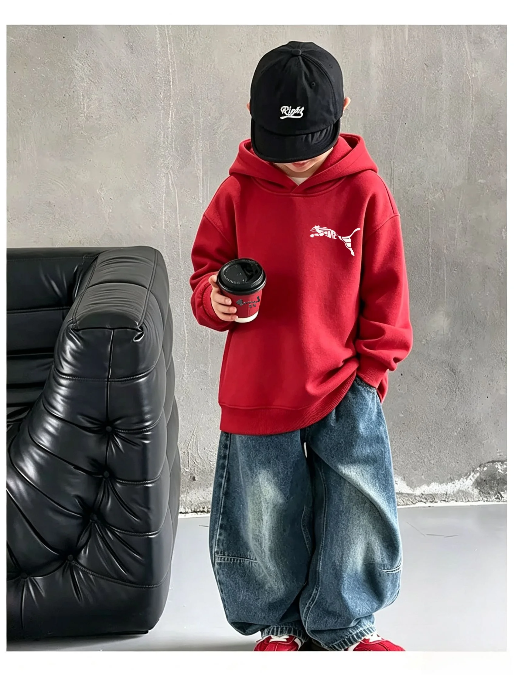 Kids Hooded Sweatshirt Autumn Winter, Stylized Leopard Line Print On Chest, Unisex Pullover Hoodie Casual Warm Top