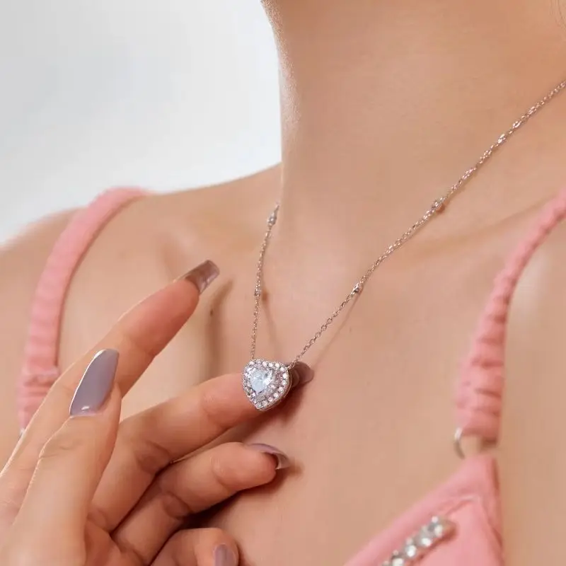 Genuine S925 Sterling Silver 10mm Heart Cubic Zirconia Pendant Necklace Adjustable Chain Jewelry Gift for Women Valentines Day