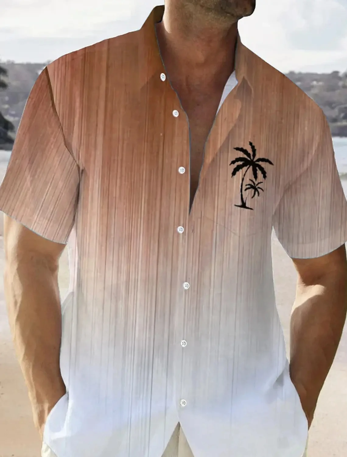 2024 Summer New Men\'s Lapel Short Sleeve T-Shirt Coconut Tree Printed Stereoscopic Pattern Couple Hawaii Shirt Daily Casual Wear