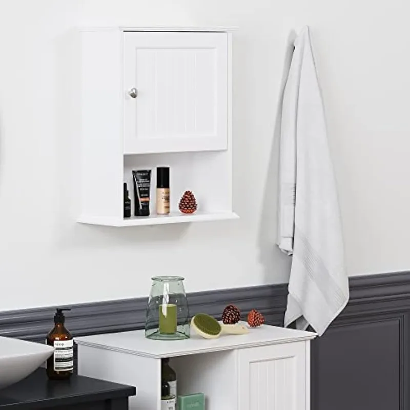 Bathroom Cabinet Wall Mounted with Single Door, Wood Hanging Cabinet with Adjustable Shelf