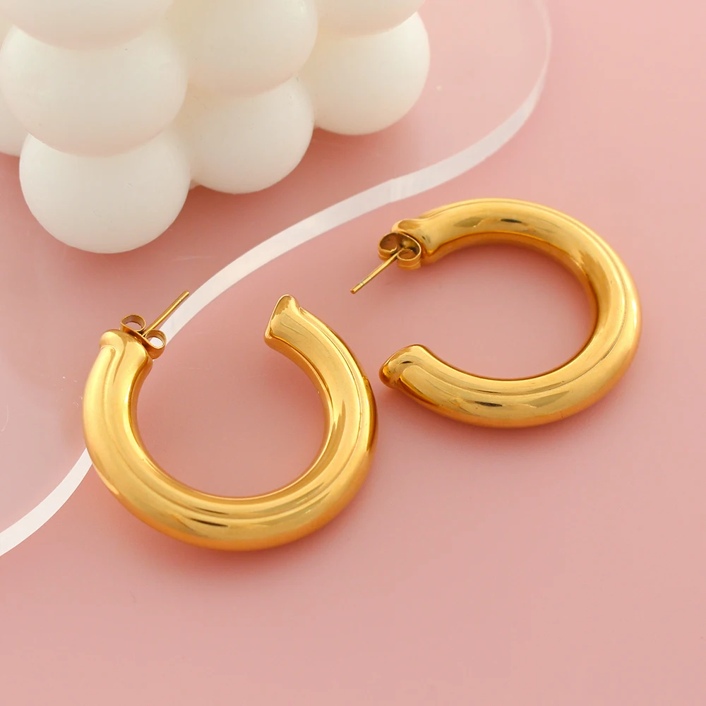 Vintage Stainless Steel Hoop Earrings Women's Gold Plated Curved Cylinder Shape Ear Accessories