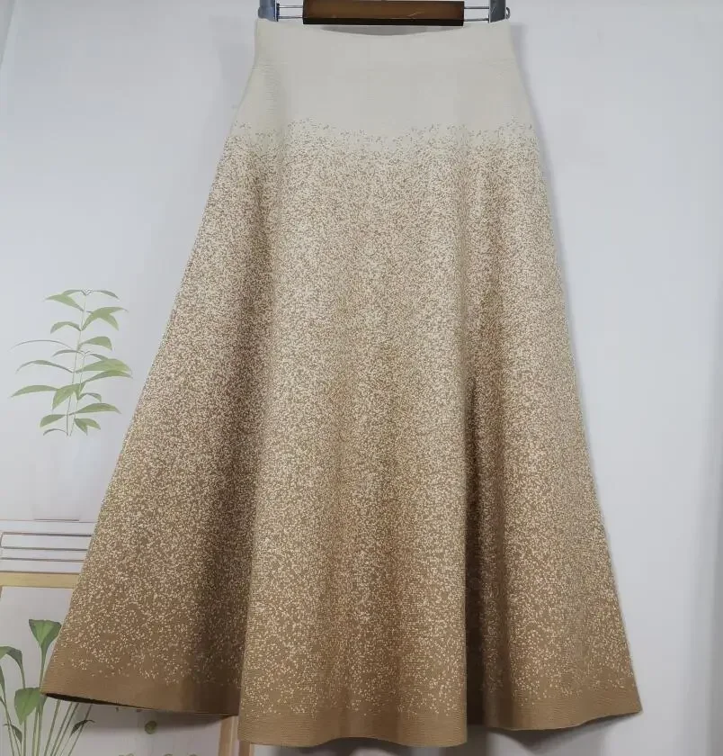 2024 New Autumn Winter Women High Waist Slim Long Skirt High Quality Fashion Gradient Color Snowflake Shaped Knitted Skirt