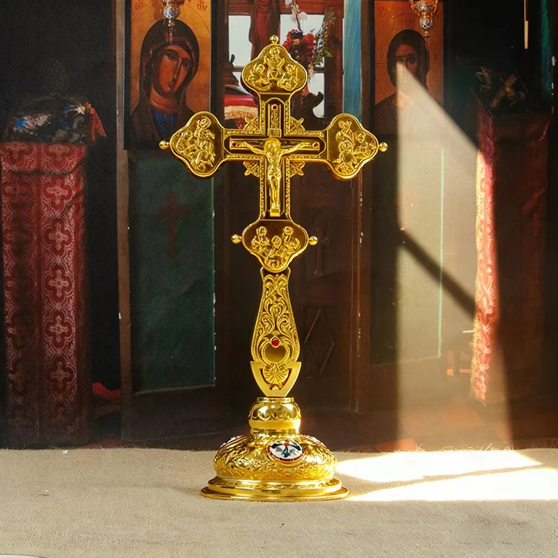 Two-Tone Gold & Silver Orthodox Standing Cross Engraved Crucifix Icon Premium Church Altar Cross for Liturgy&Spiritual Devotion
