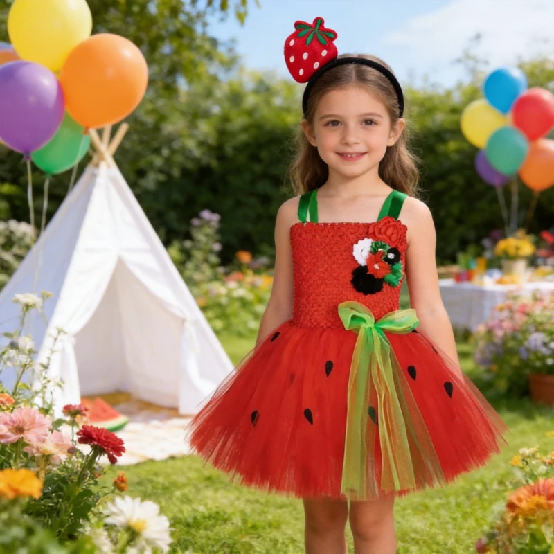 Red Strawberry Clothes for Baby Girls Kids New Year Carnival Outfit Children Fruit Theme Birthday Party Festive Stage Dress