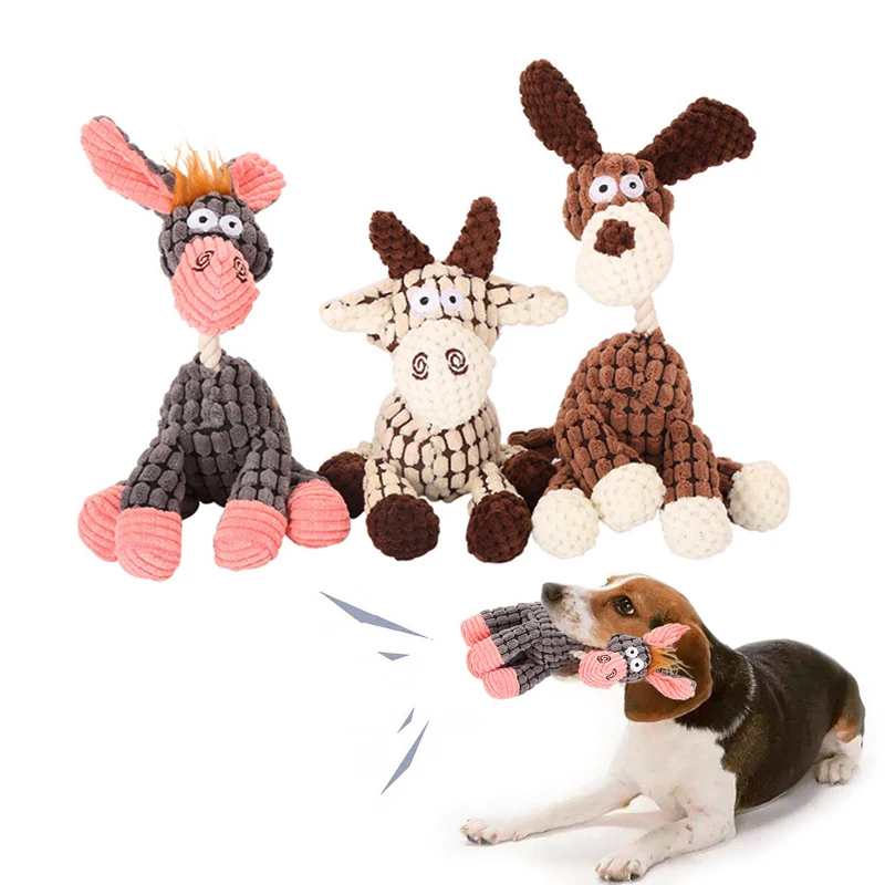 1pc Funny Pet Toy Donkey Shape Corduroy Chew Toys For Dogs Puppy Squeaker Plush Bone Molar Dog Toy Pet Training Dog Accessories