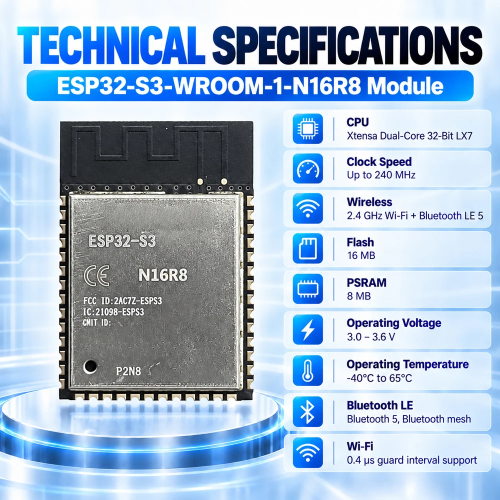 ESP32-S3 ESP32S3 N16R8 2.4G Wifi BT Module 32-Bit Dual-Core Low Power 8MB PSRAM 16MB Flash