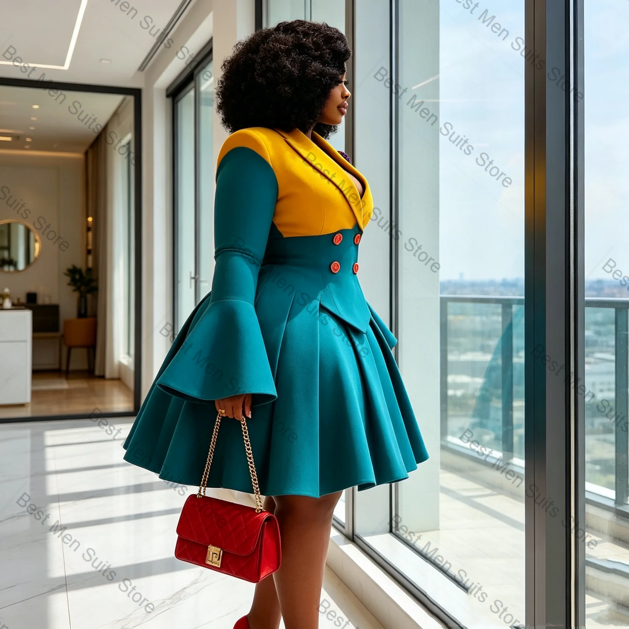 Yellow Blue Women Suit Skirt Set 2 Pcs Blazer Prom Dress Cotton Formal Office Lady Jacket Customized Wedding Tuxedo Guest Coat view 3
