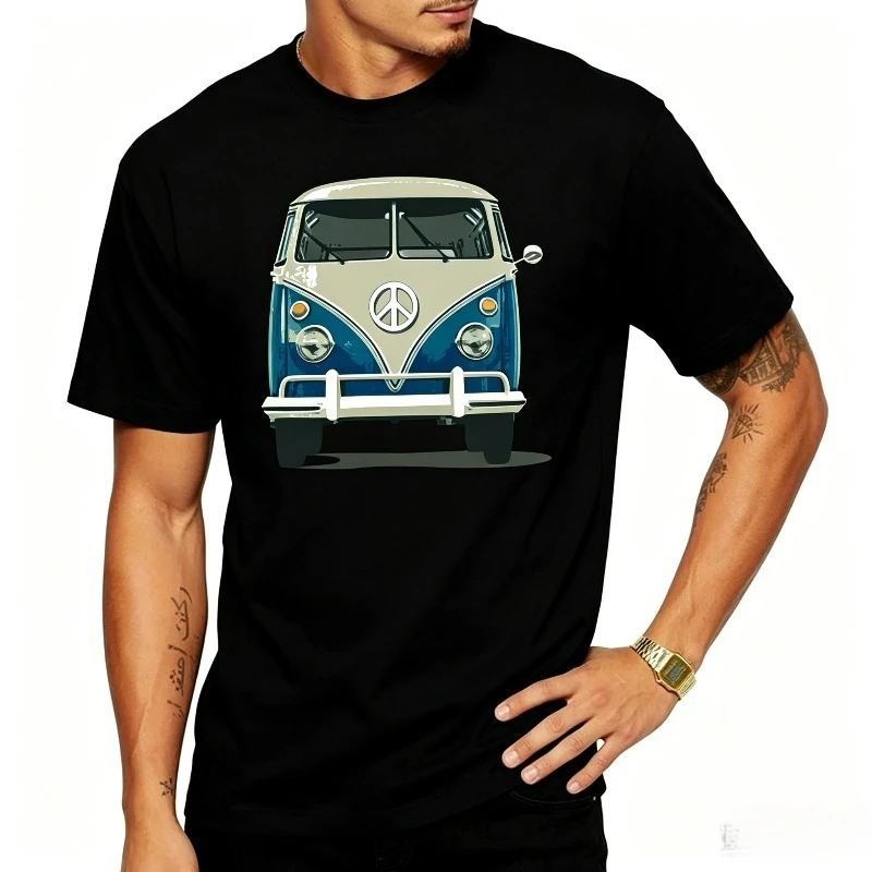 Vintage Blue Camper Van Peace Print Men T Shirt Camping SUP Skateboard Rock Tarot Soft  Short Sleeve White Black Daily Tops