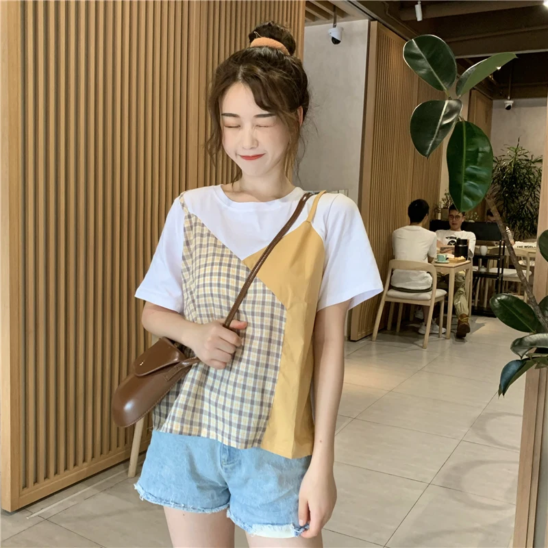 Slimming Checkered Short Sleeve T-Shirt Women's Base Layer Shirt Korean Style round Neck Loose Fit Summer Fashion Top