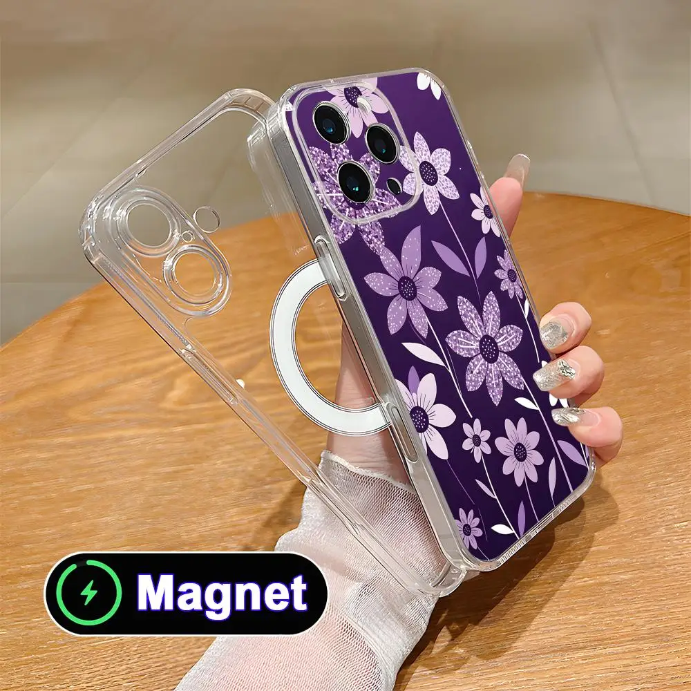

Прозрачный чехол для телефона из ТПУ с цветочным узором и поддержкой MagSafe для iPhone 17 16 15 14 13 12 11 Air Pro Max Plus Mini, цветной