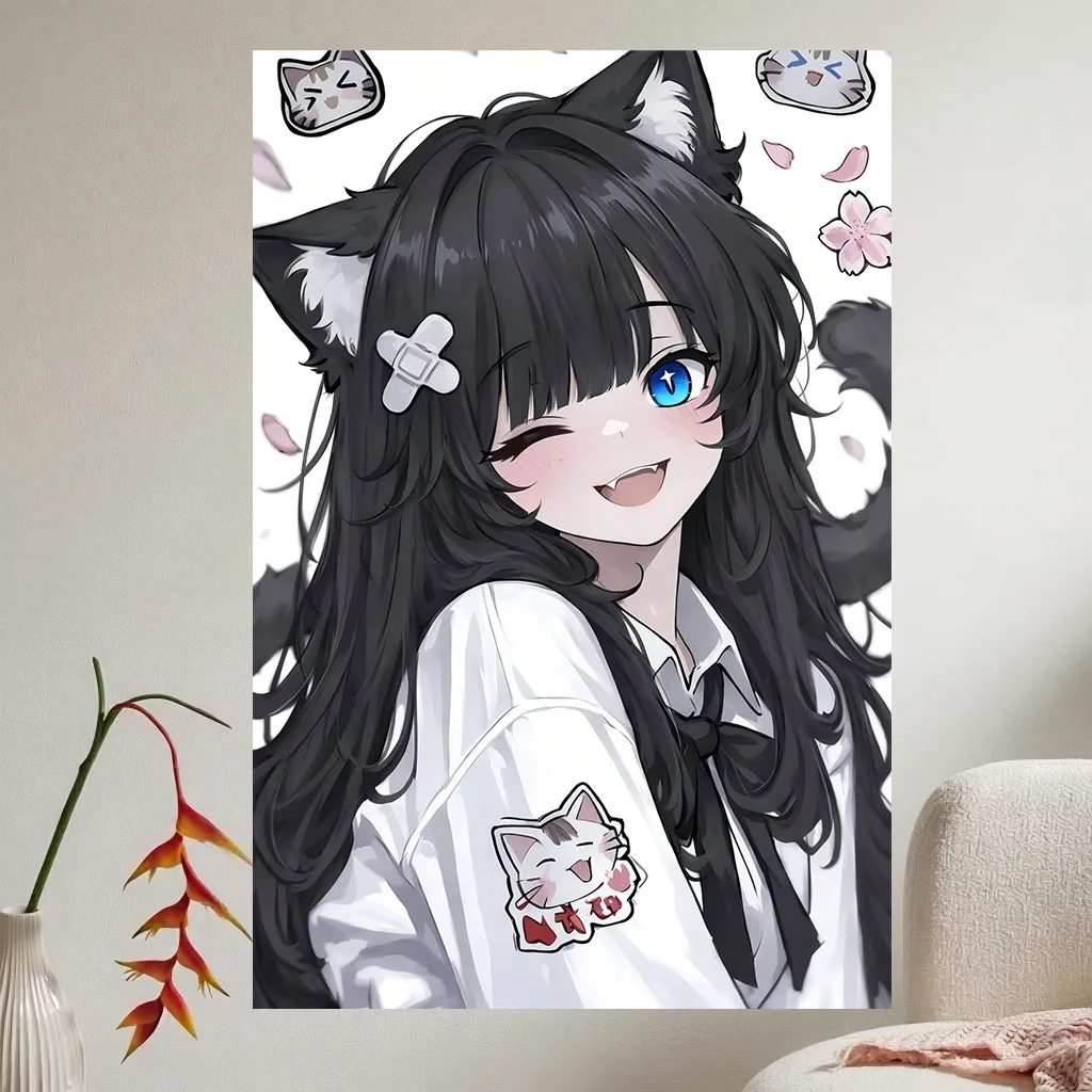 Cute Nekomimi Anime Girl Tapestry Kawaii Cartoon Cat Print Wall Hanging Tapestry Aesthetic Dorm Bedroom Background Wall Decor