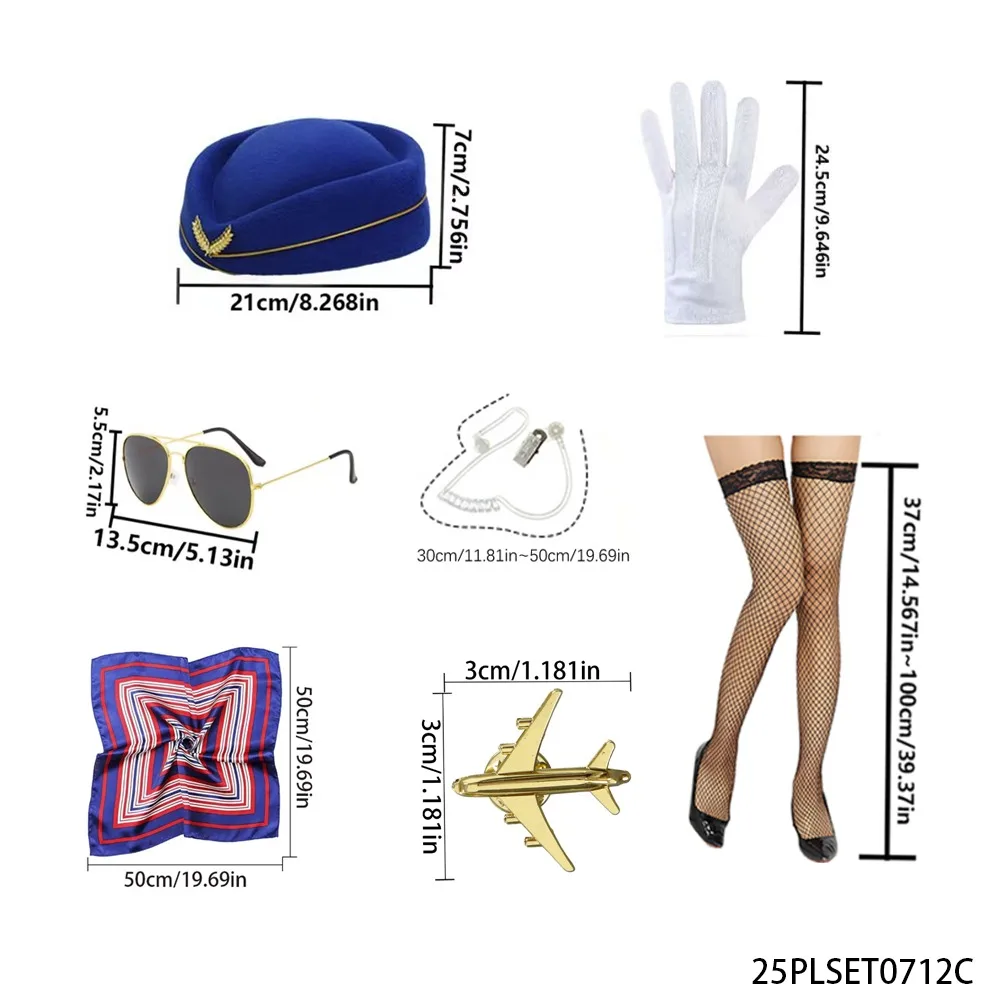 PESENAR Blue Flight Attendant Cosplay Set  Badge Hat, Airplane Brooch, Scarf  Gloves, Distinctive Role Play Outfit view 2