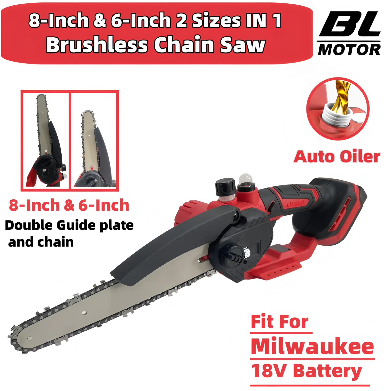 For Milwaukee 18V Battery Brushless 8 Inch & 6 Inch Chainsaw Auto Oiler Electric Chain Saw Cordless Garden Pruning Power Tools