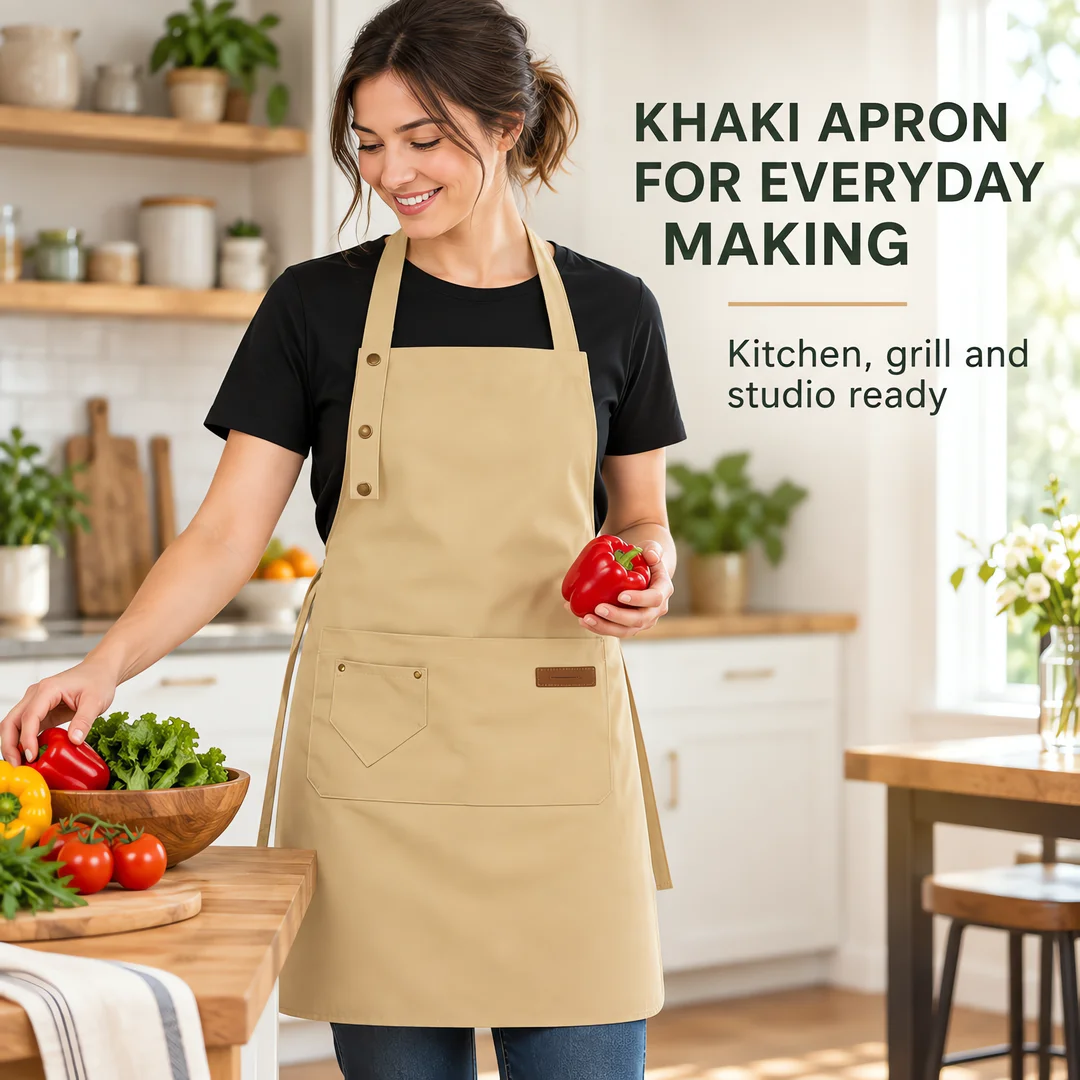 Khaki Poly-Cotton Bib Apron with 2 Front Pockets and Brass Rivet Detail, 29 x 26 in Kitchen, BBQ, Barista and Floral Work Apron