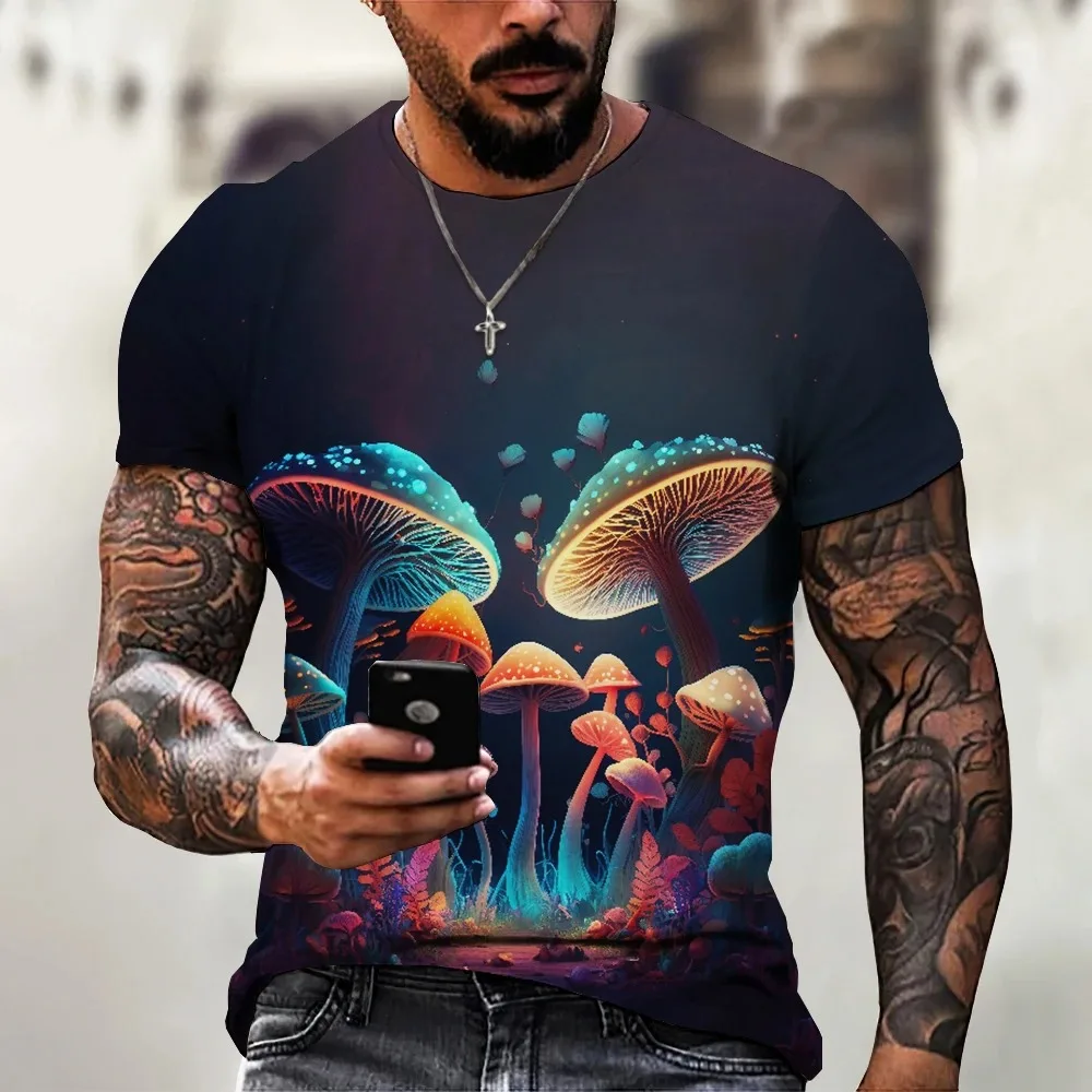 Summer Men\'s T-Shirt 3d Fun Mushroom Short-Sleeved Tshirt Tops Magic Mushroom Print Pattern Oversized Street Men Tshirt