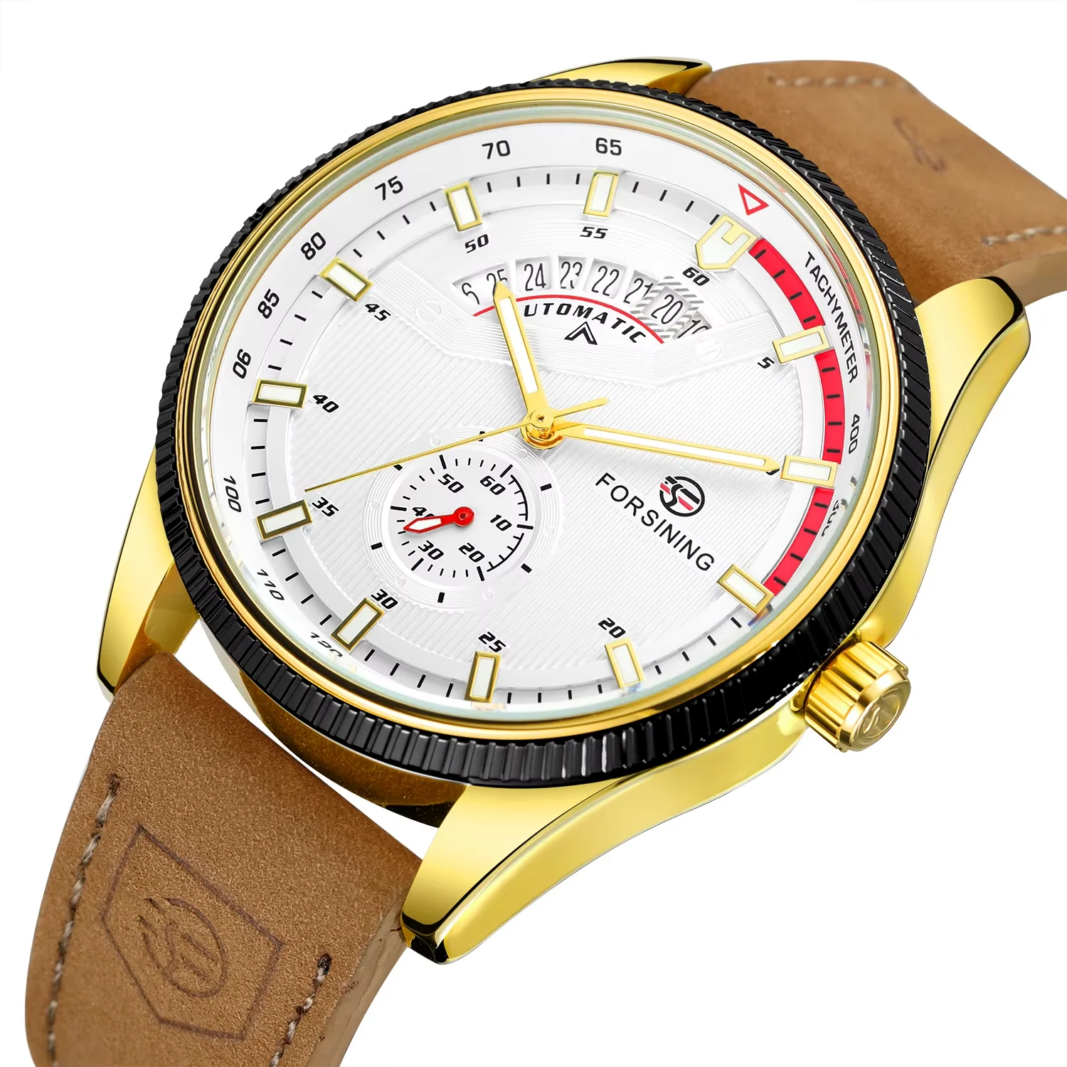 FORSINING Gold Watch Simple pin scale mechanical watch Gear Circular calendar Brown belt Wrist watch Alloy mechanical watch