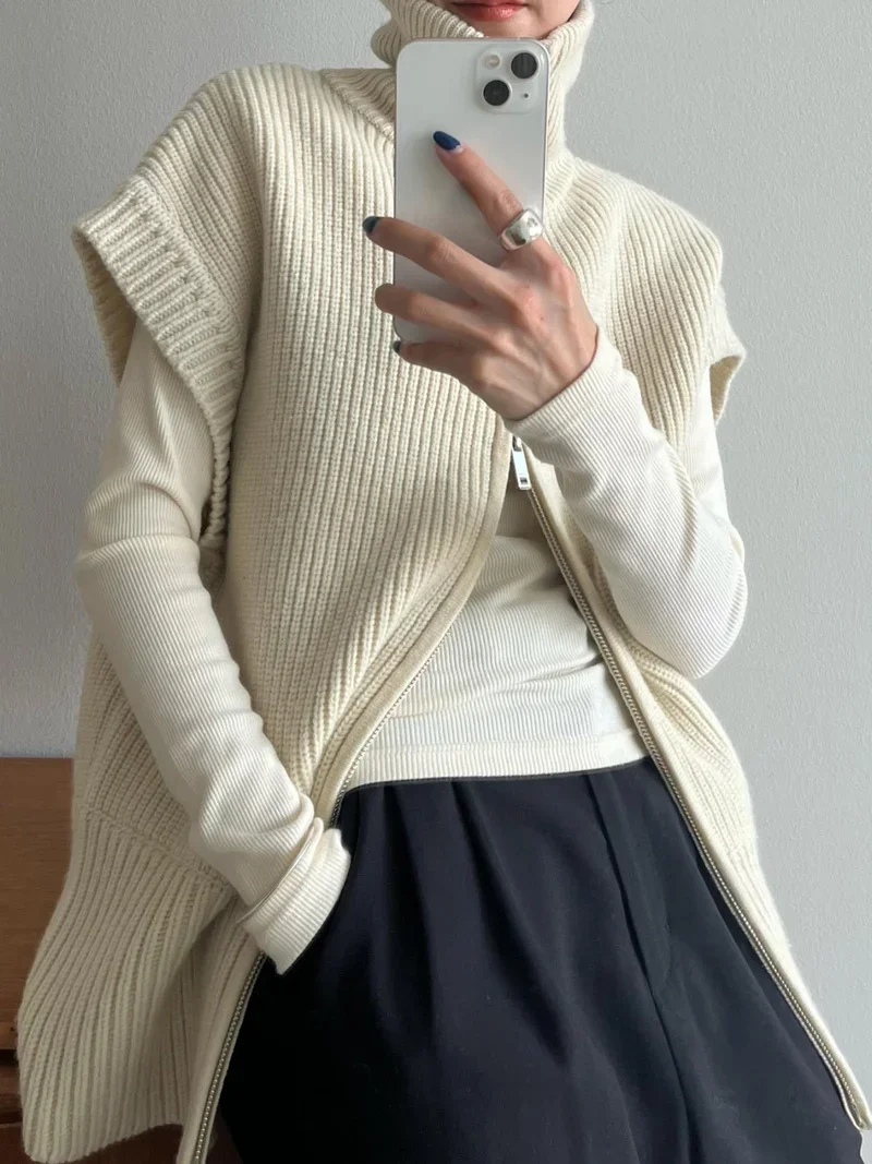 Kuzuwata Design Sense Loose Turtleneck Women Pulls Cocoon Thin Loose Chaleco Mujer Sleeveless Zipper Sweater Vest Cardigan