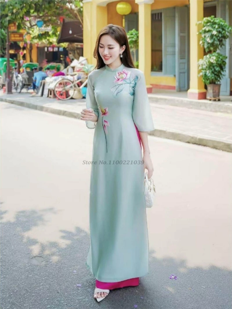 2026 vietnam traditional dress aodai national dress+pants set flower print qipao oriental banquet party evening dress vestido