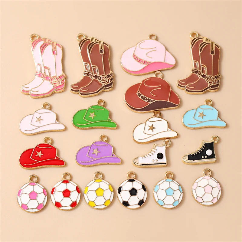 10 Stück niedliche Emaille-Sport-Fußballschuh-Hut-Anhänger zum Basteln von Ohrringen, Halsketten, DIY-Handarbeiten, Schmuckzubehör – Detail 2