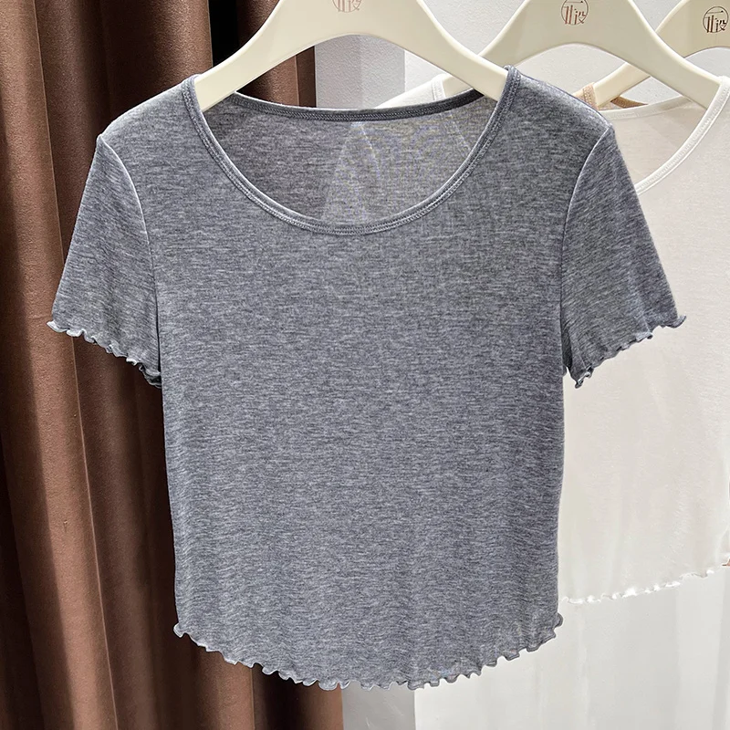 

Женская футболка с прямыми плечами и короткими рукавами, летняя тонкая короткая стильная маленькая ушная кромка, ультратонкая маска из ледяного шелка, слегка транспа