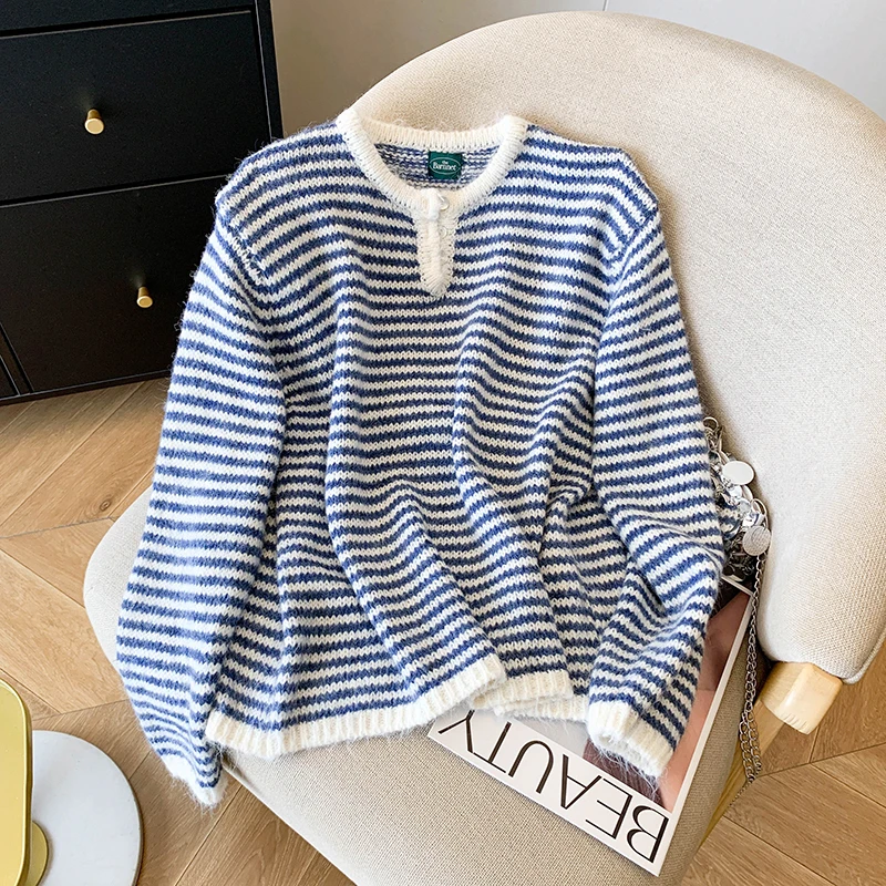 

Loose Korean Sle Women's Long Sve Knitted Top Autumn Winter Casual Striped Loose Fit Overhead Soft Polyester Fiber
