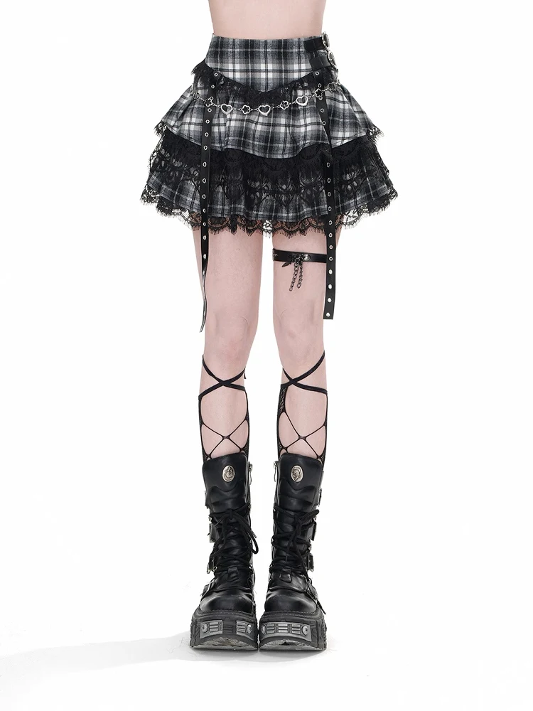 Ms XIDU Lily's College American Plaid JK  Skirt Women Summer Slimming Lace Puffy Skirt Short Skirts High Waist Gothic Style