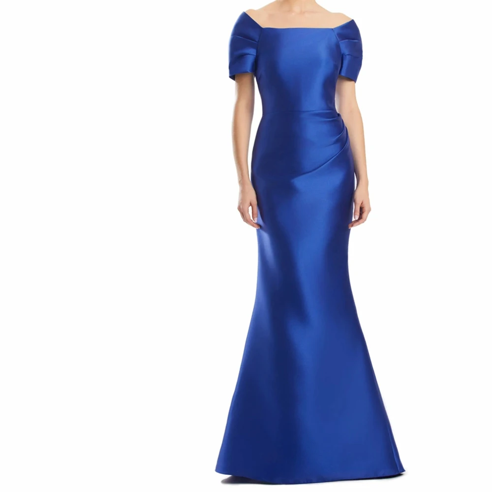 

Mermaid Floor Length Blue Satin Short Sleeves Off the Shoulder Saudi Evening Gowns Sweep Train Elegant Special Occasion Gowns