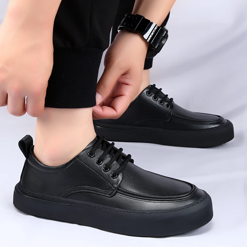 

fashion Men's Leather Lace-Up Shoes black Business Casual Sneakers for Commuting/Travel Non-Slip Sole men flats