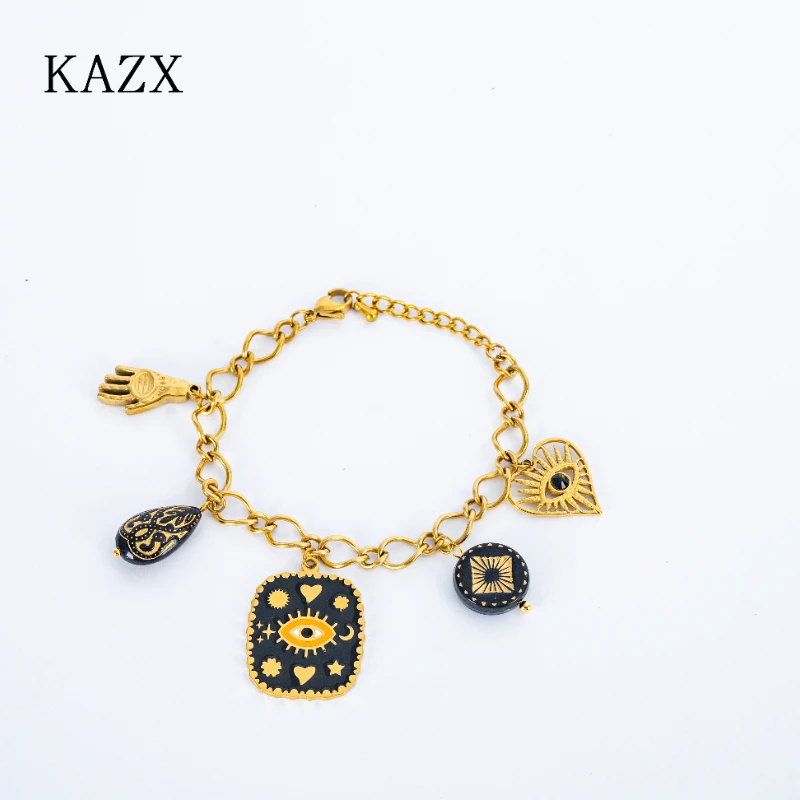 Gold Plated Stainless Steel Bracelet Enamel Sun Moon Star Pendant Adjustable Boho Lucky Protection Jewelry for Women