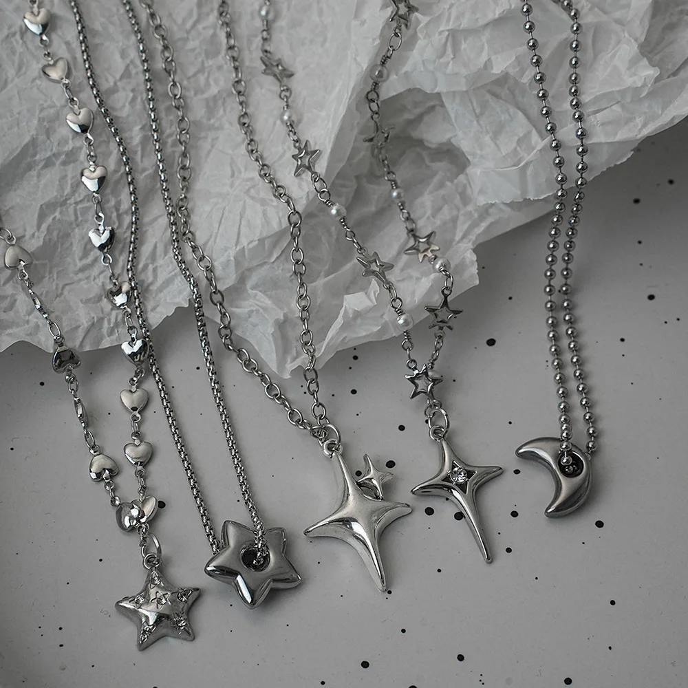 Silver Y2K Star Moon Heart Pendant Necklaces Set, Dainty Multi Style Chain Stackable Clavicle Jewelry for Girls and Men