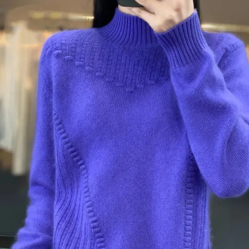 Sweater Korea wanita, pakaian rajut lengan panjang kerah setengah tinggi musim gugur musim dingin wanita warna polos rajutan