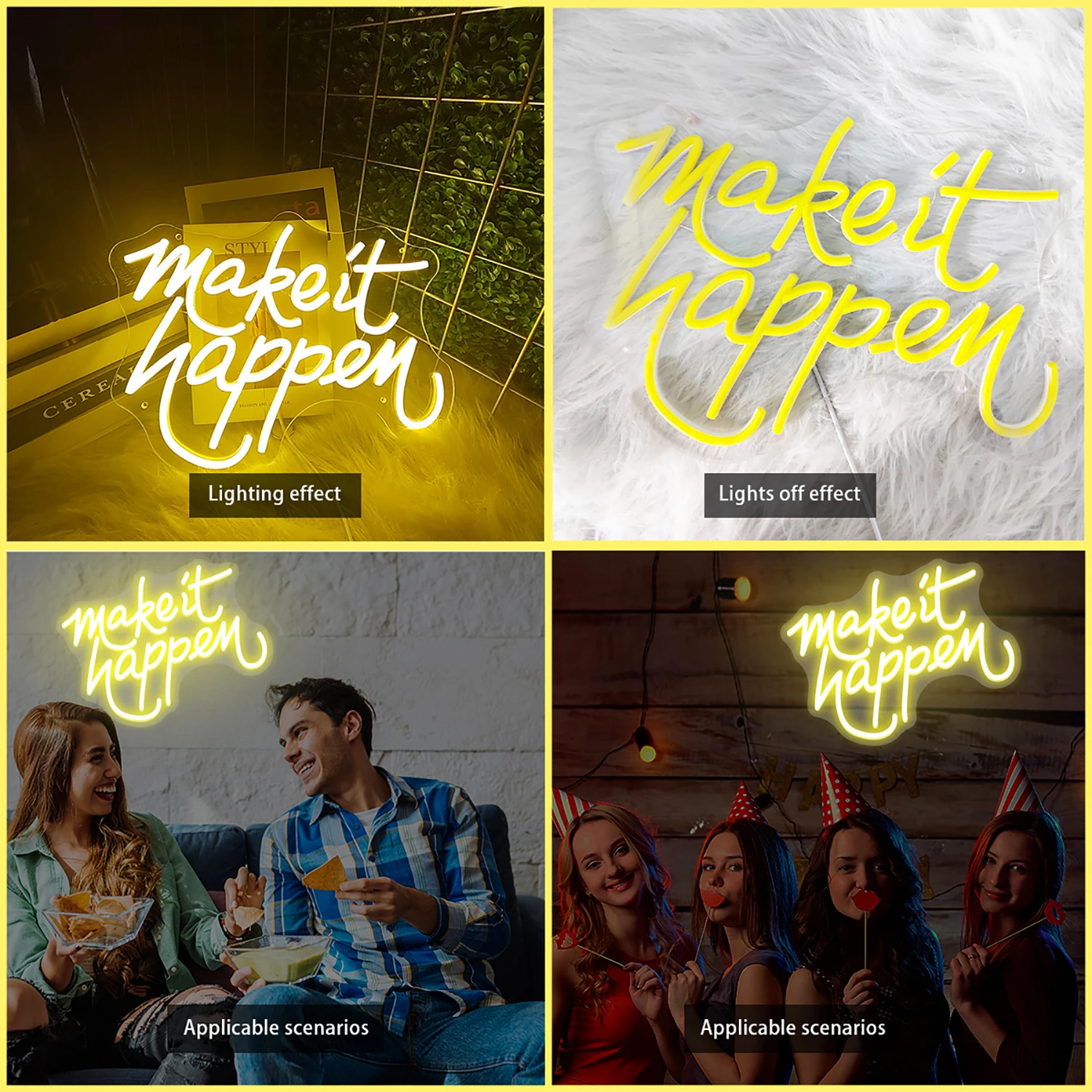 Makeit Happen ป้ายไฟนีออนสร้างบรรยากาศสําหรับร้านพิซซ่า ร้านอาหาร ตกแต่งร้านอาหาร เพื่อทําให้ร้านของคุณน่าดึงดูดมากขึ้น