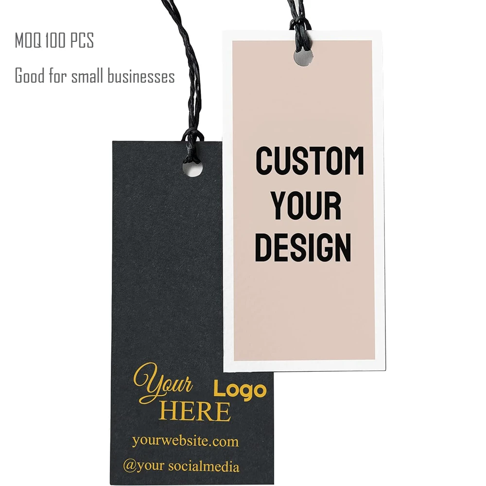 Custom Logo Paper Hang Tags 100pcs MOQ, 300gsm Double Side Printing with Strings, for Apparel Shoes Handmade Small Business