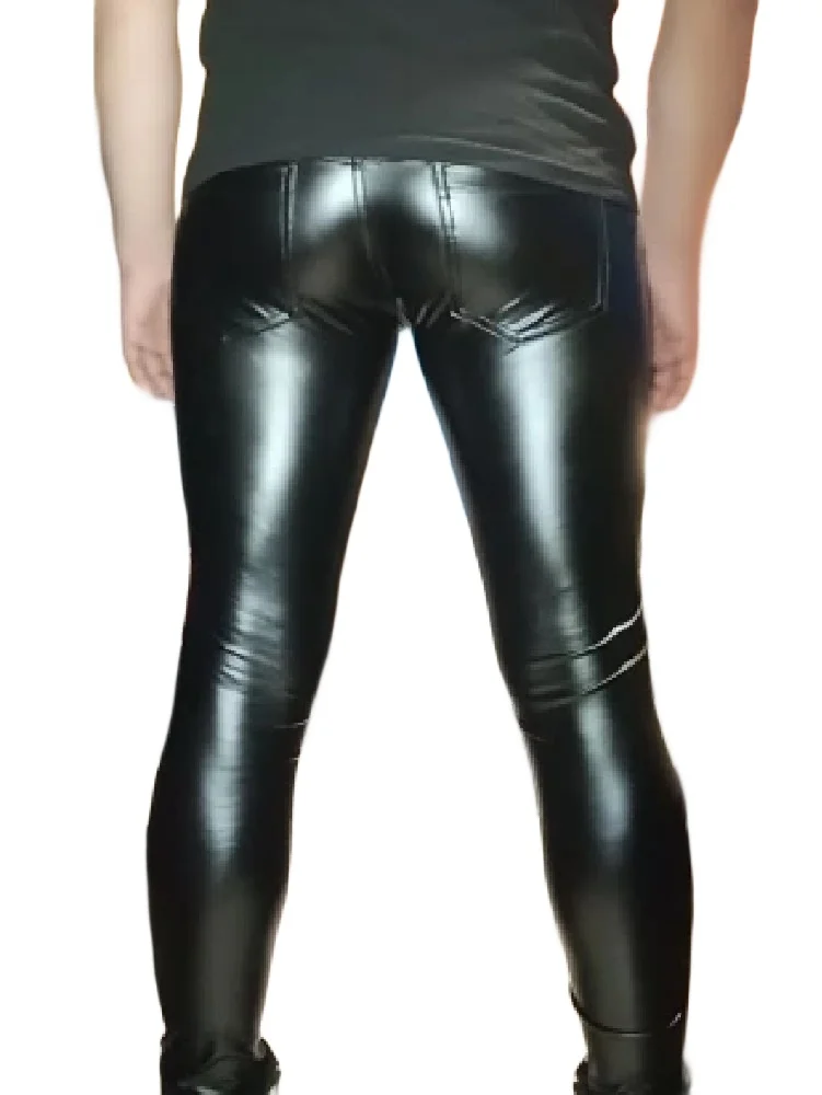 Men Faux Leather Skinny Pants Shiny Stretchy Slim Fit Biker Trousers Clubwear Nightclub Party Front Zipper Elastic Curved Crotch