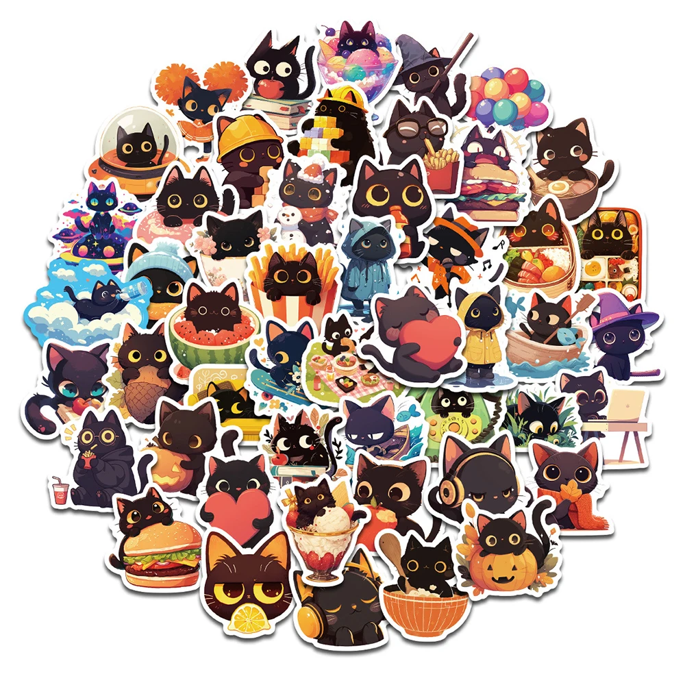 10/30/50pcs Funny Cartoon Little Black Cat Stickers Cute Kitten Anime Sticker DIY Fridge Phone Water Bottle Graffiti Decals Pack