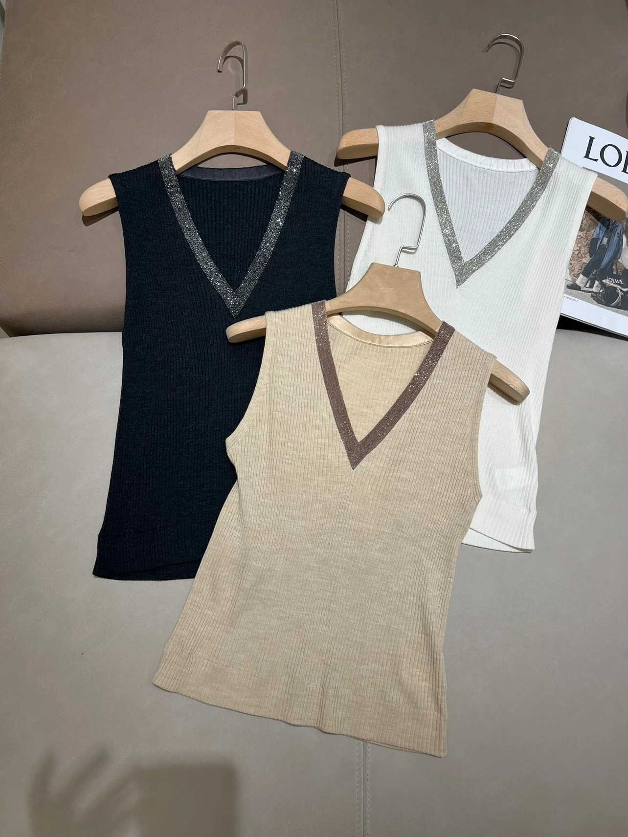 Spring summer beaded silk wool blend knitted tank top