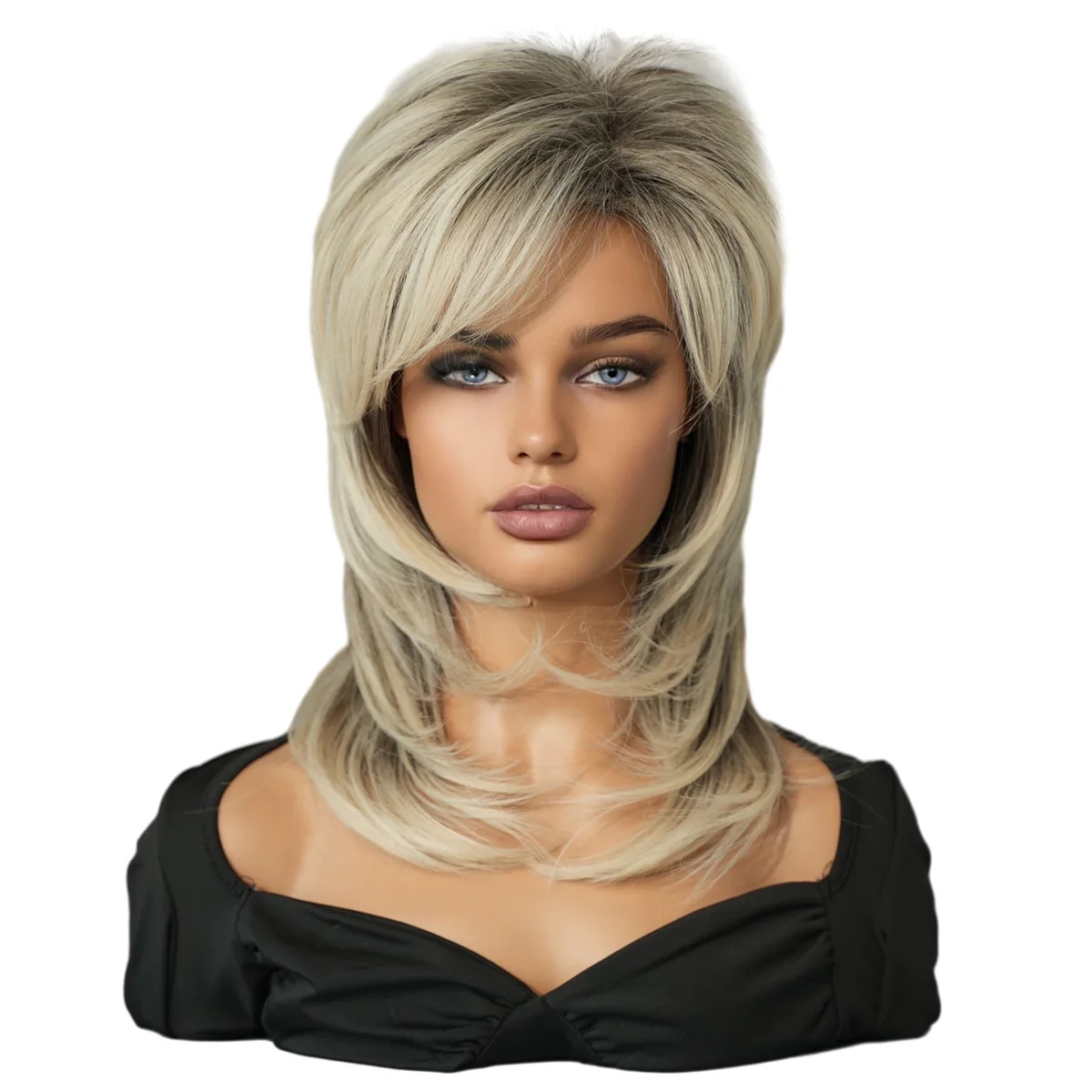 

Export wig black woman layered wig beige imitation 70s high temperature silk chemical fiber shoulder length wig