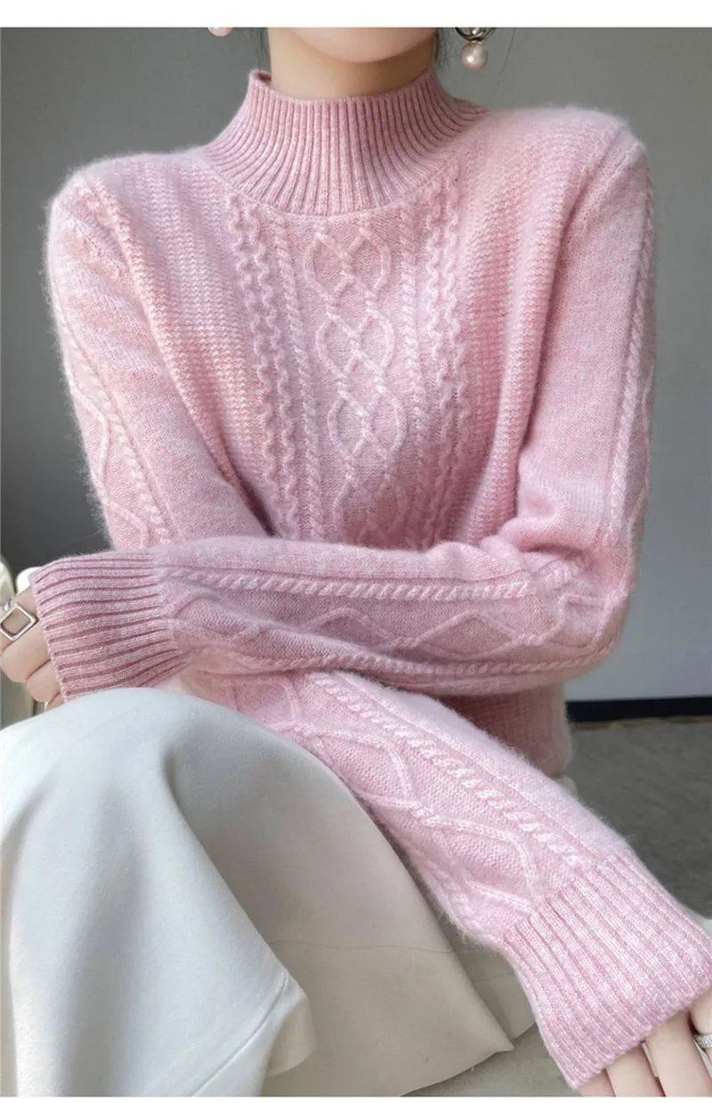 Neue Frühjahr Gestrickte Pullover Halb Hohen Kragen Lose Dicke Warme Pullover Für Frauen Vintage Wolle Herbst Winter Mutter Bodenbildung Top – Detail 7